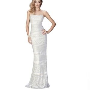 LA FEMME White lace strapless sweetheart formal gown